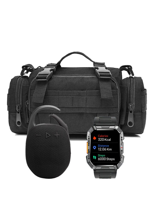 Combo Smartwatch Militar + Bocina Portátil + Cangurera Táctica | Tecnología y Aventura
