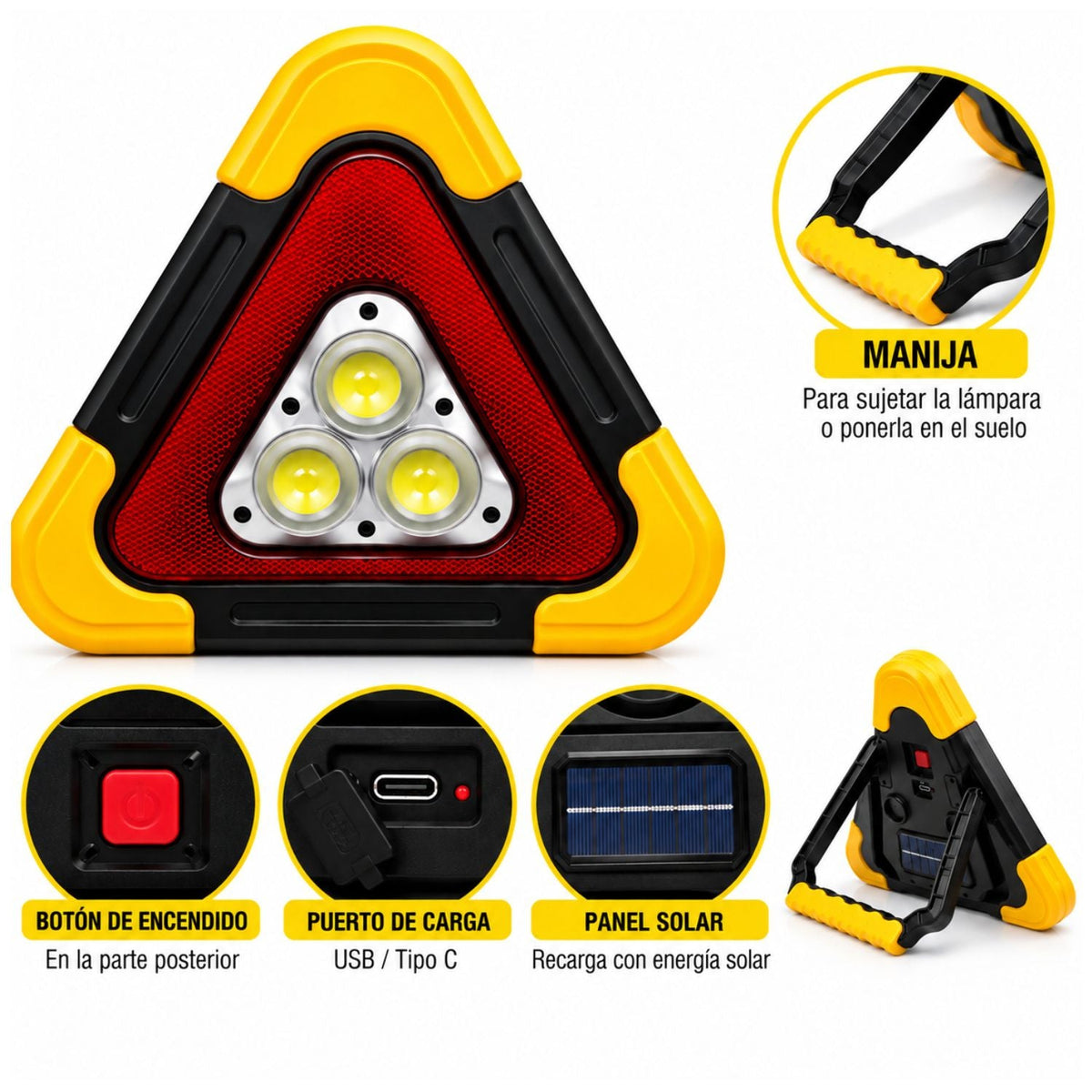 Lámpara triangular de emergencia vial con panel solar, USB-C y manija, 5 modos - foto 4