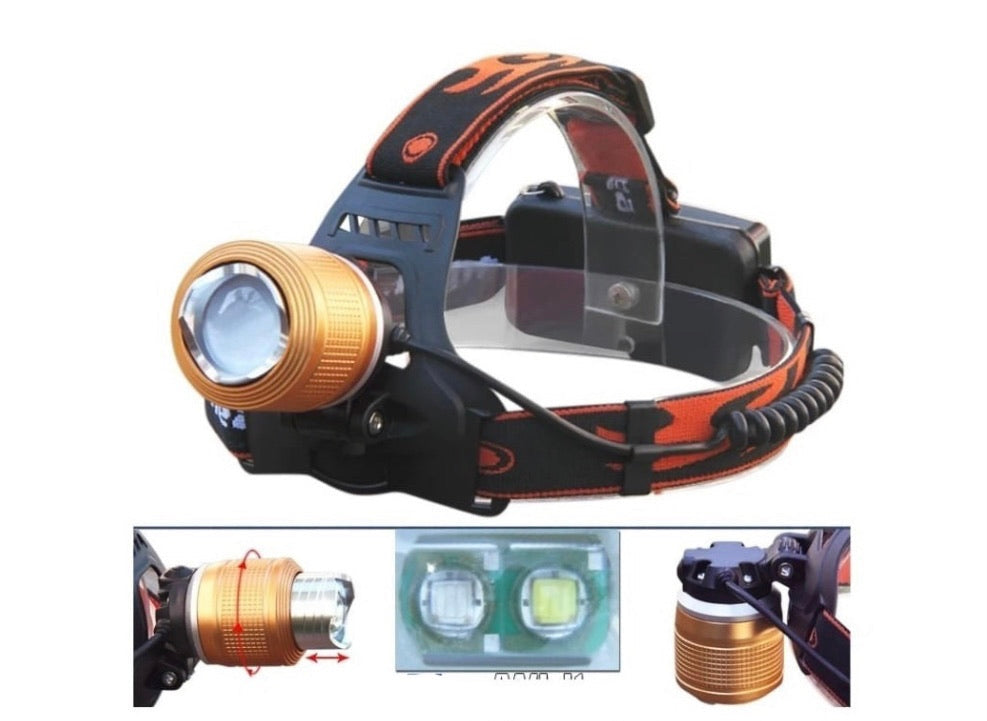 Lámpara recargable de doble LED con zoom, luz azul y blanca, 3000 lúmenes