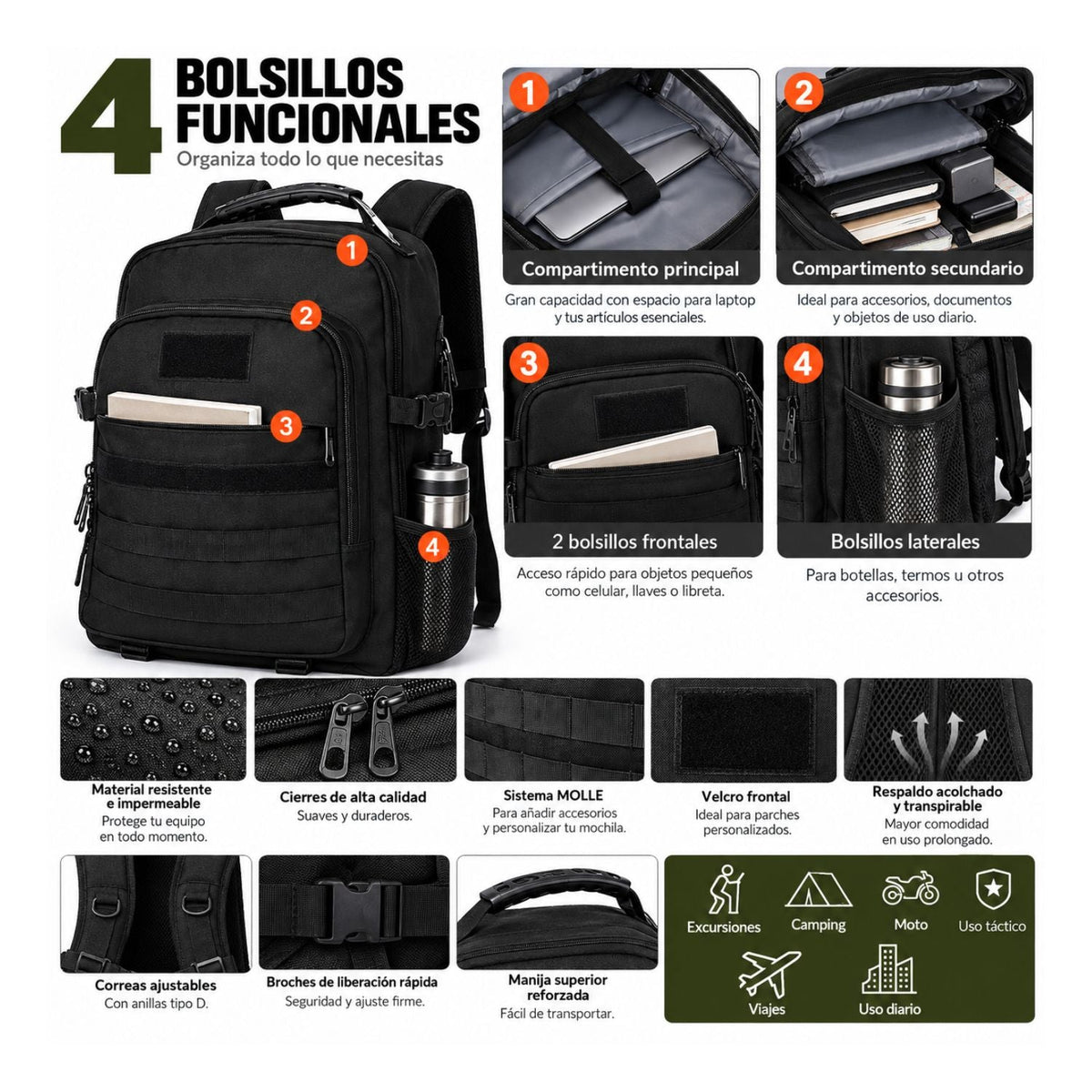 Mochila táctica Adventure de gran capacidad con MOLLE y bolsillos laterales - foto 4