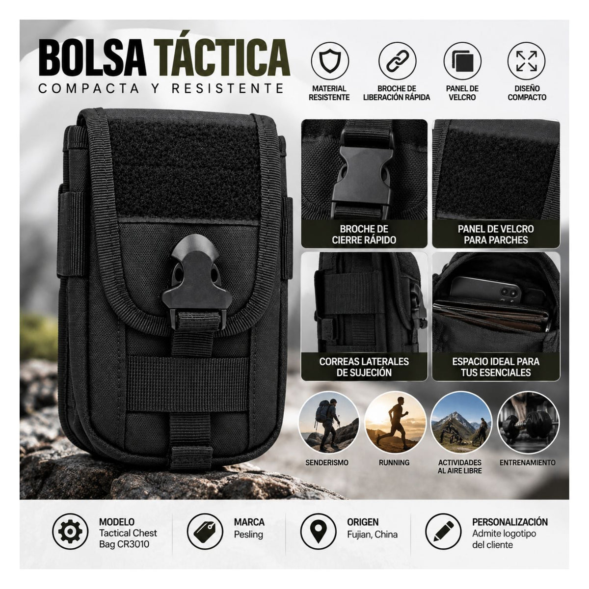 Bolsa táctica compacta tipo cartera con broche rápido y panel de velcro - foto 3