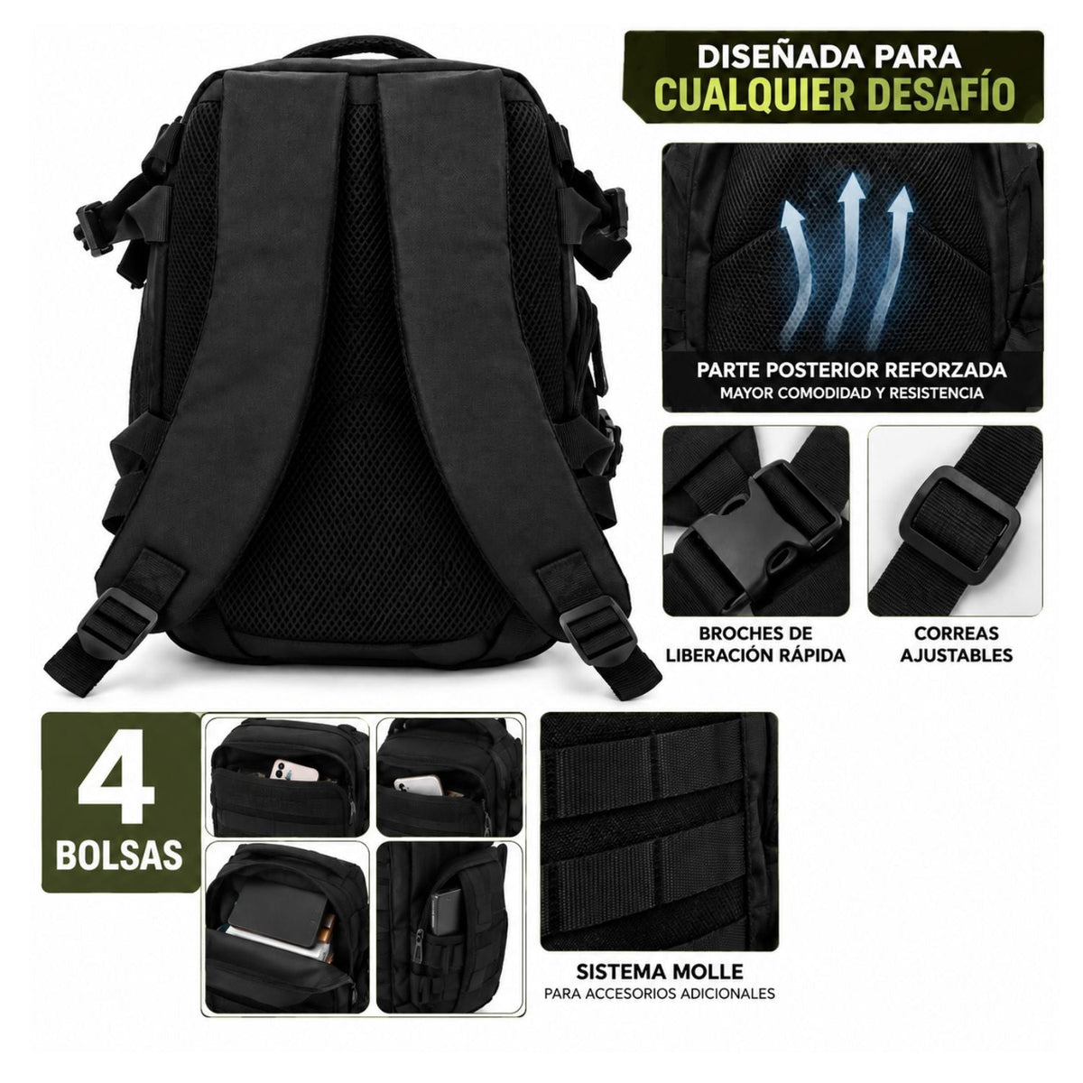 Mochila táctica de 10 L con MOLLE, forro repelente al agua y 4 compartimentos - foto 3