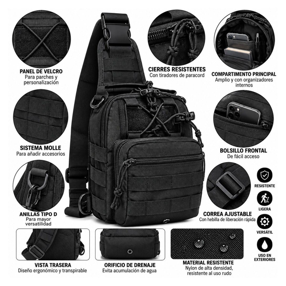 Bolsa bandolera MOLLE con organizadores internos y correa ajustable - foto 3