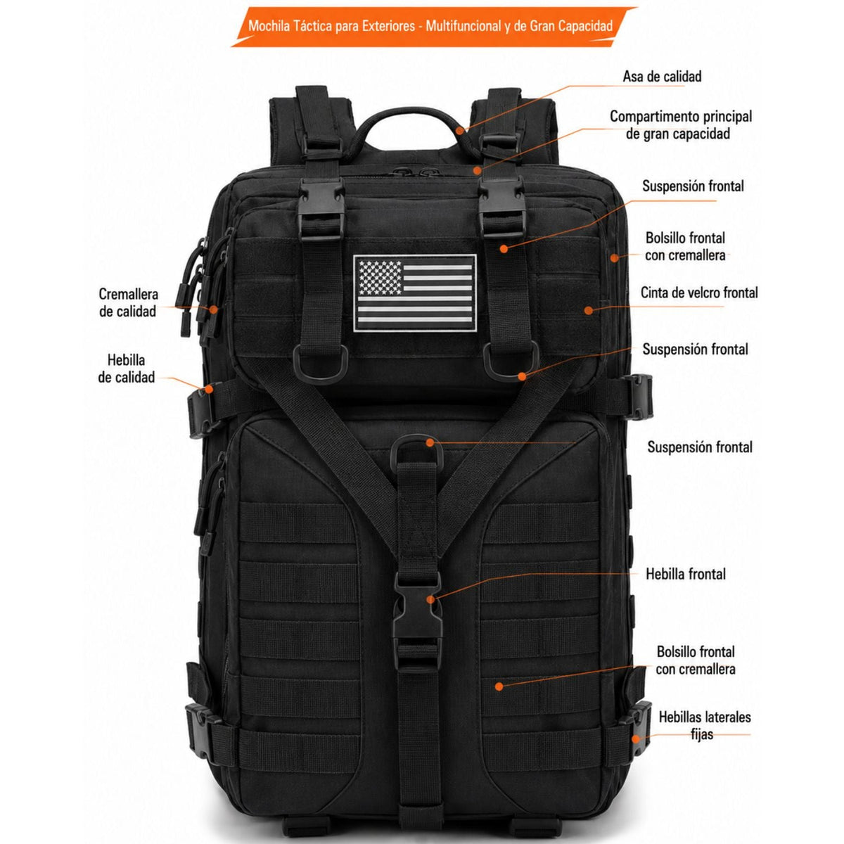 Mochila táctica de 49 litros con MOLLE y respaldo acolchado - foto 8