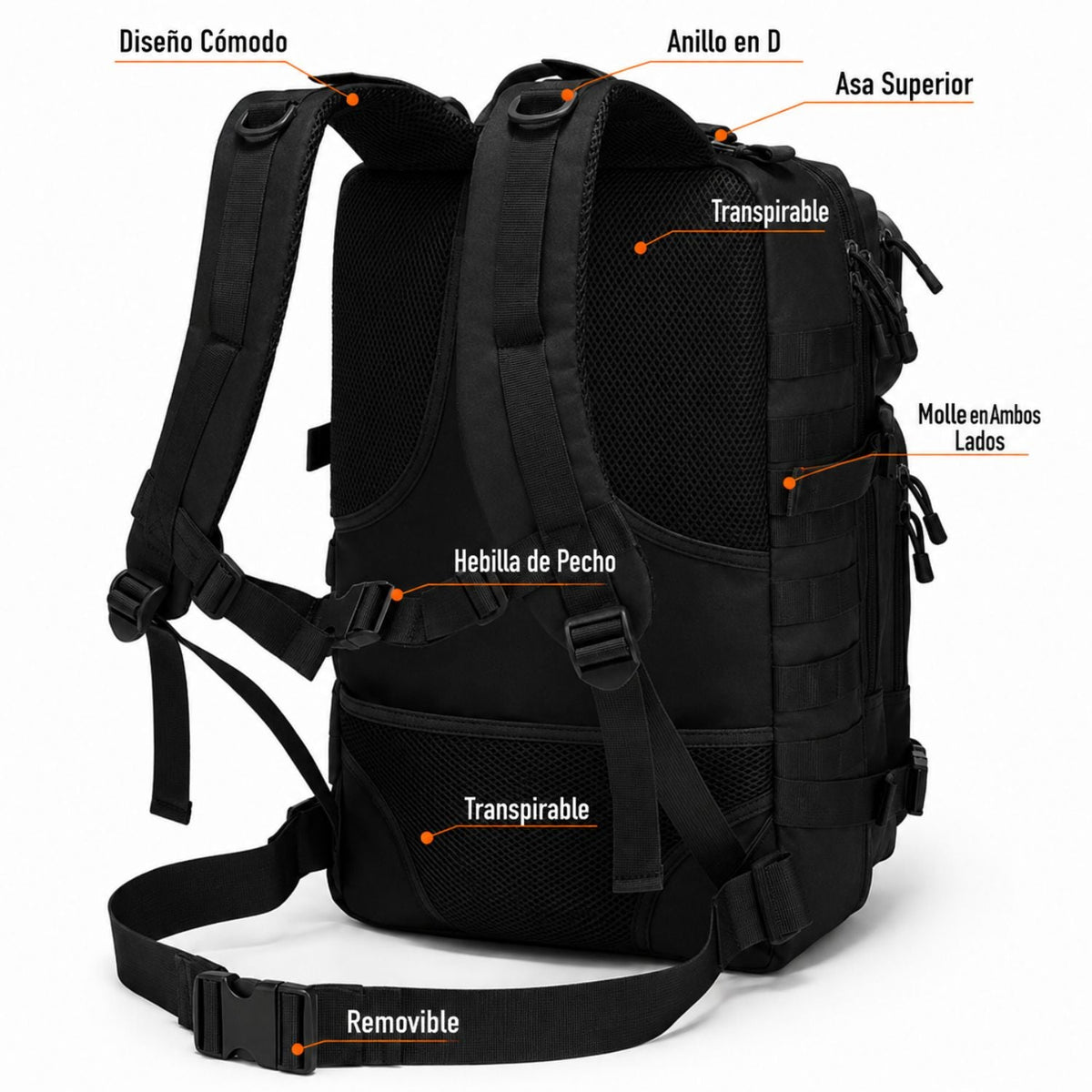 Mochila táctica de 49 litros con MOLLE y respaldo acolchado - foto 9