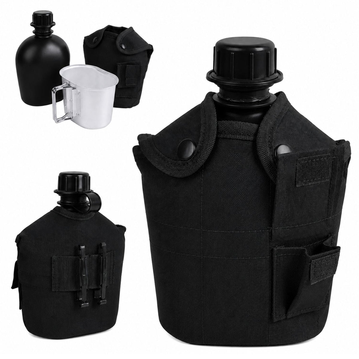 Cantimplora de 1 litro con funda táctica y cazo de acero