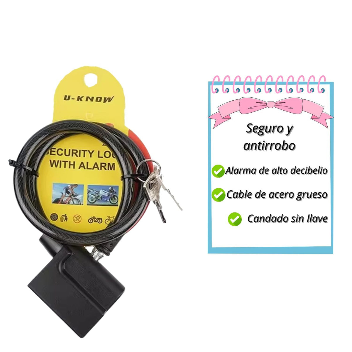 Candado de cable con alarma de 110 dB para moto y bici, cierre sin llave - foto 2