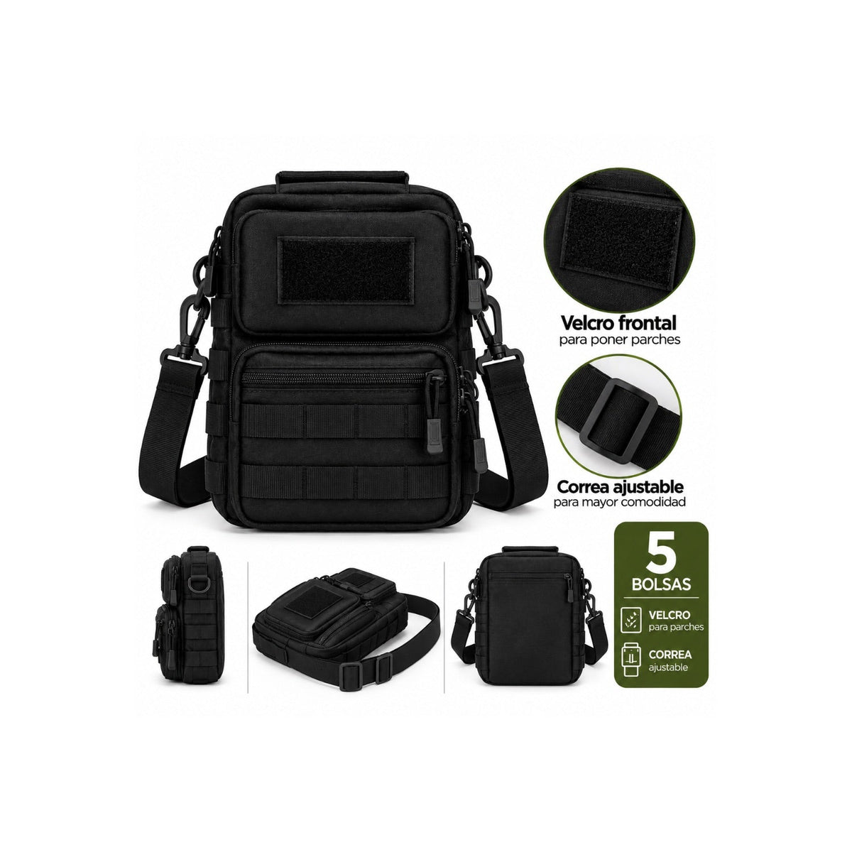 Bolsa crossbody táctica con 5 compartimentos, MOLLE y anillas laterales - foto 3