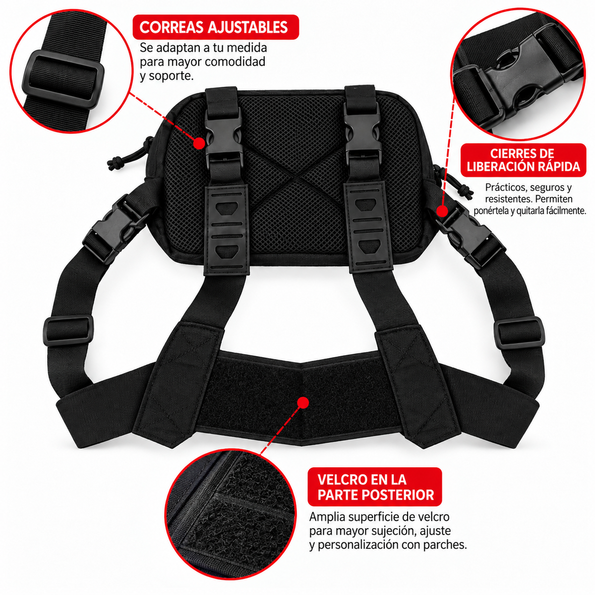 Pechera chest bag con 2 bolsas con cierre, velcro y anillas tipo D - foto 4