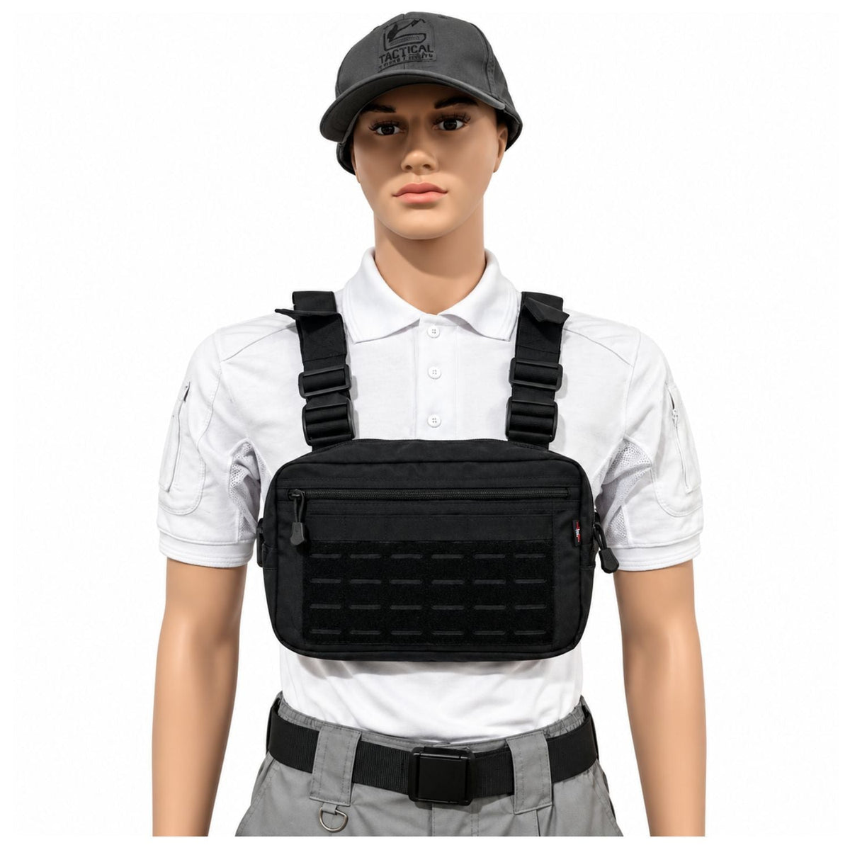 Pechera táctica tipo chest rig con 3 bolsas con cierre y panel de velcro - foto 3