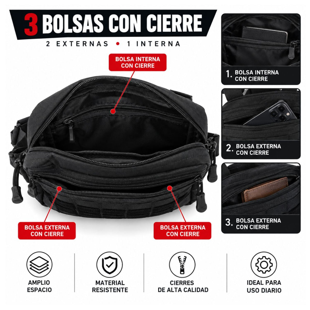 Pechera táctica tipo chest rig con 3 bolsas con cierre y panel de velcro - foto 4