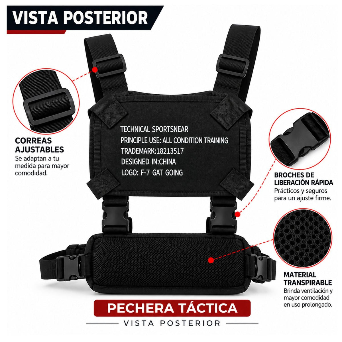 Pechera táctica tipo chest rig con 3 bolsas con cierre y panel de velcro - foto 5
