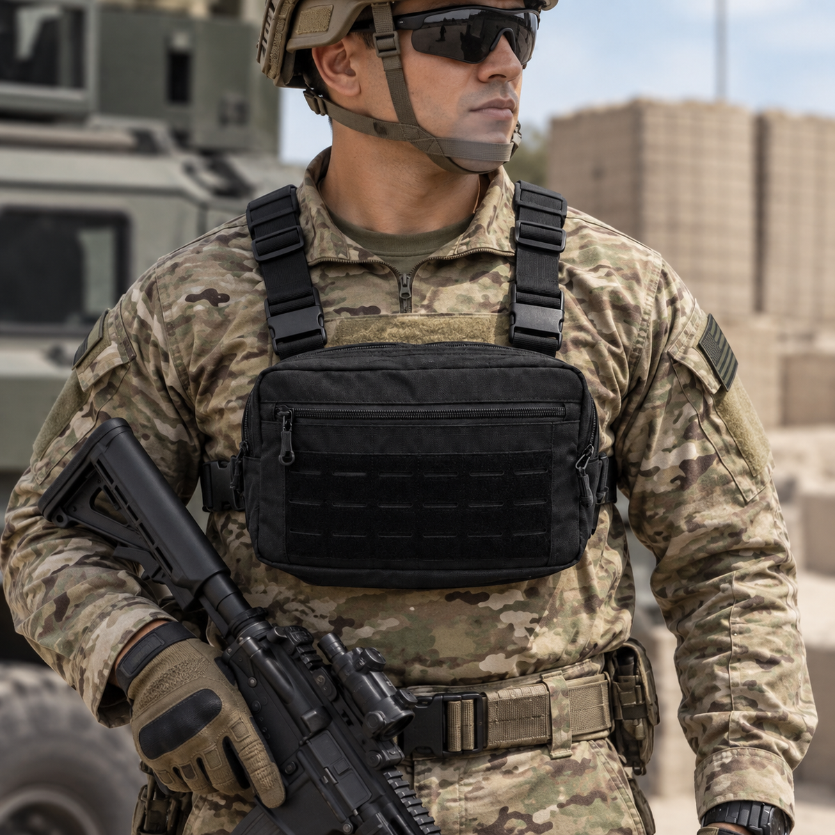 Pechera táctica tipo chest rig con 3 bolsas con cierre y panel de velcro - foto 6