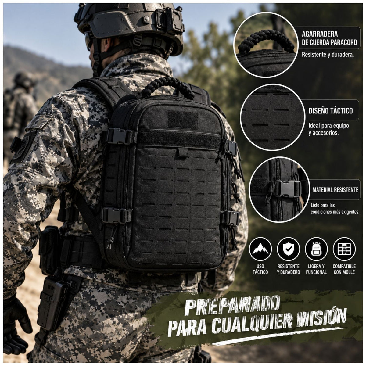 Mochila táctica de 15 L con MOLLE de corte láser y asa de paracord - foto 2