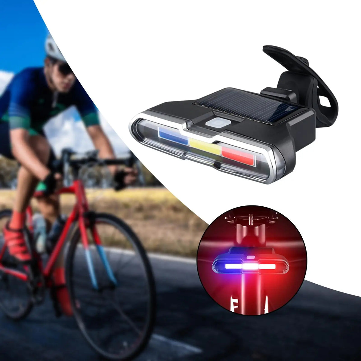 Luz trasera para bicicleta con efecto patrulla, USB y panel solar C3045AG - foto 3