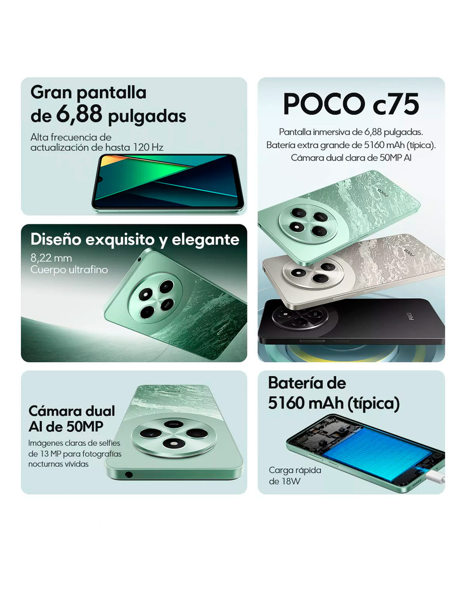 SmartPhone Poco C75 256 gb Rom 8 gb Ram Negro + Auriculares Inalámbricos Clip Blanco