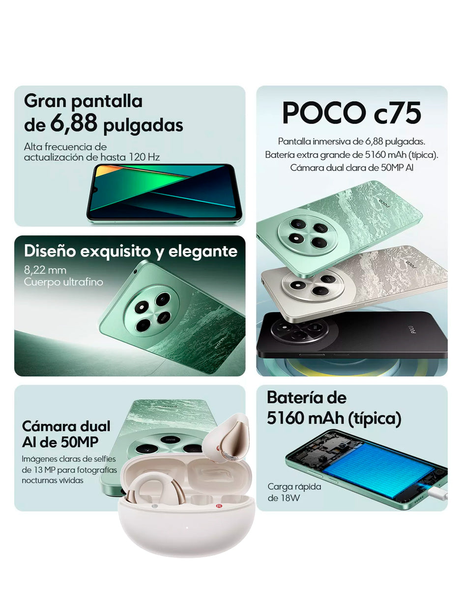 SmartPhone Poco C75 256 gb Rom 8 gb Ram Gold + Auriculares deportivos C30 Ear Clip