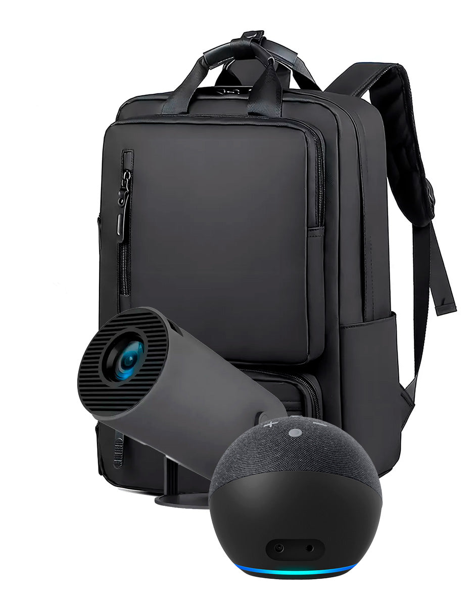 Combo Proyector Petukita Box HY300 Gris + mochila de viaje + Echo Dot Asistente Virtual
