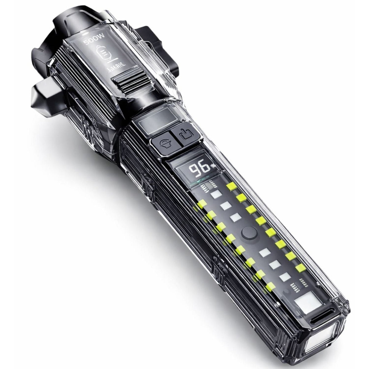 Linterna táctica 10 en 1 con alarma, rompevidrios y power bank