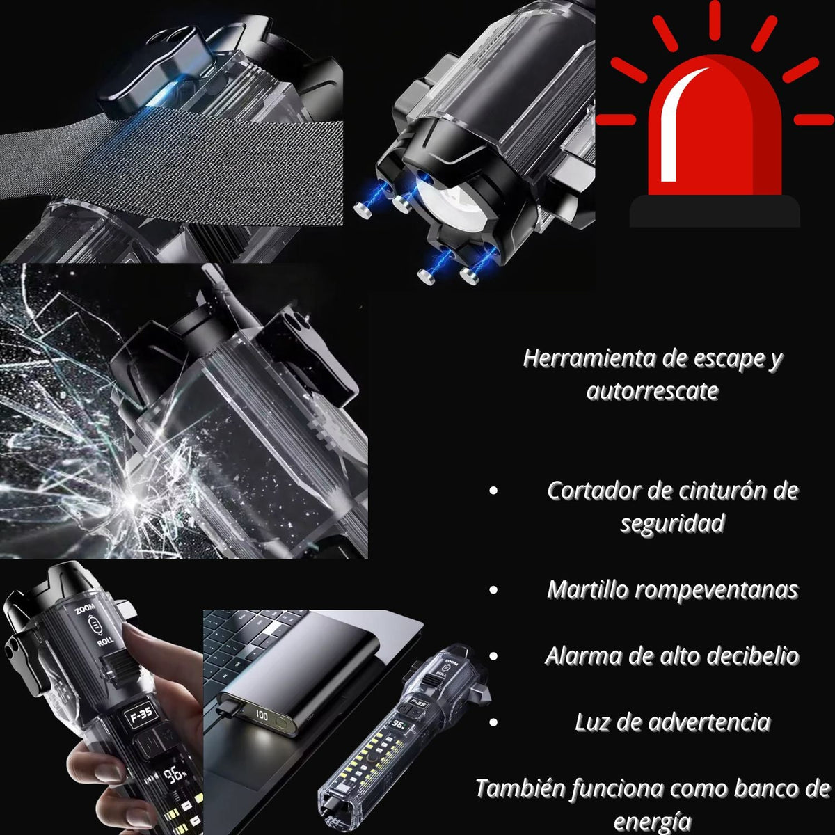 Linterna táctica 10 en 1 con alarma, rompevidrios y power bank - foto 3
