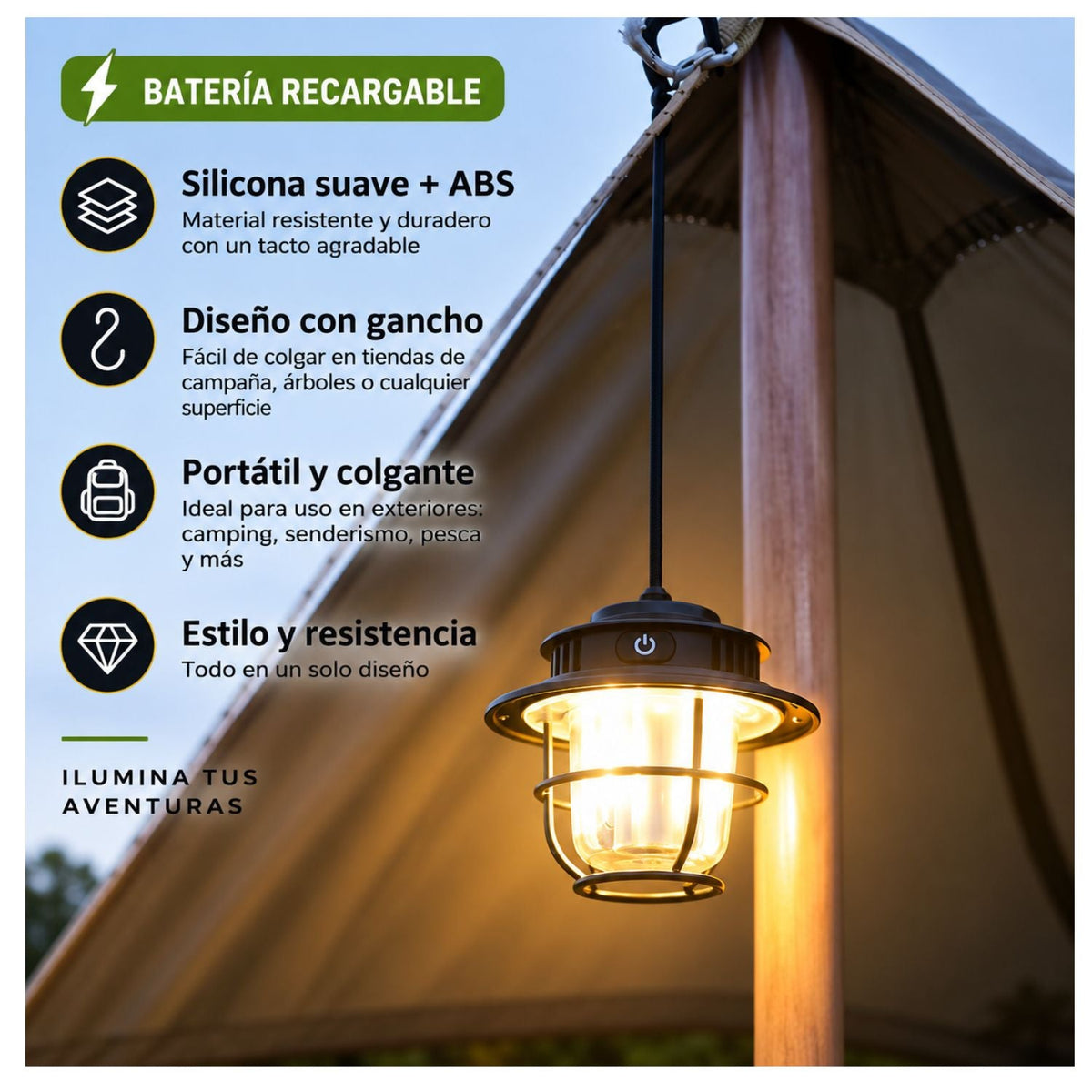 Lámpara LED retro para camping, recargable USB-C, IPX4, 360° y 4 colores de luz - foto 5