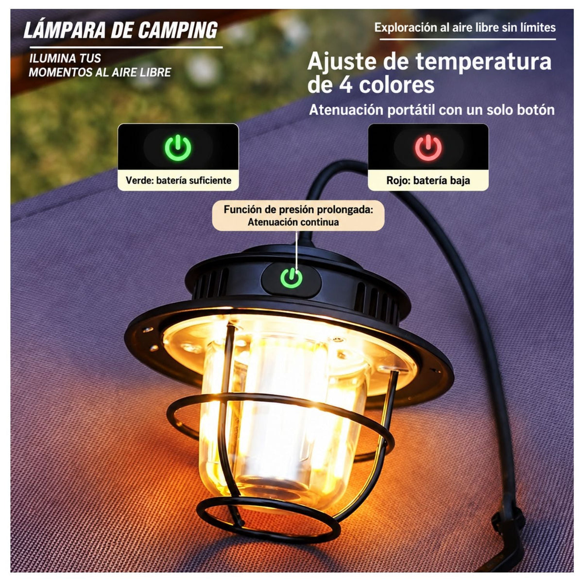 Lámpara LED retro para camping, recargable USB-C, IPX4, 360° y 4 colores de luz - foto 6