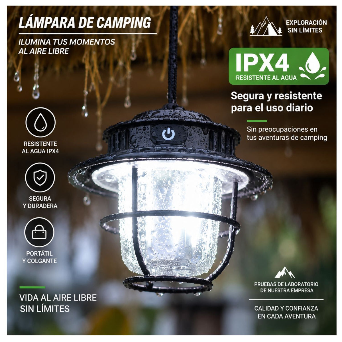 Lámpara LED retro para camping, recargable USB-C, IPX4, 360° y 4 colores de luz - foto 4