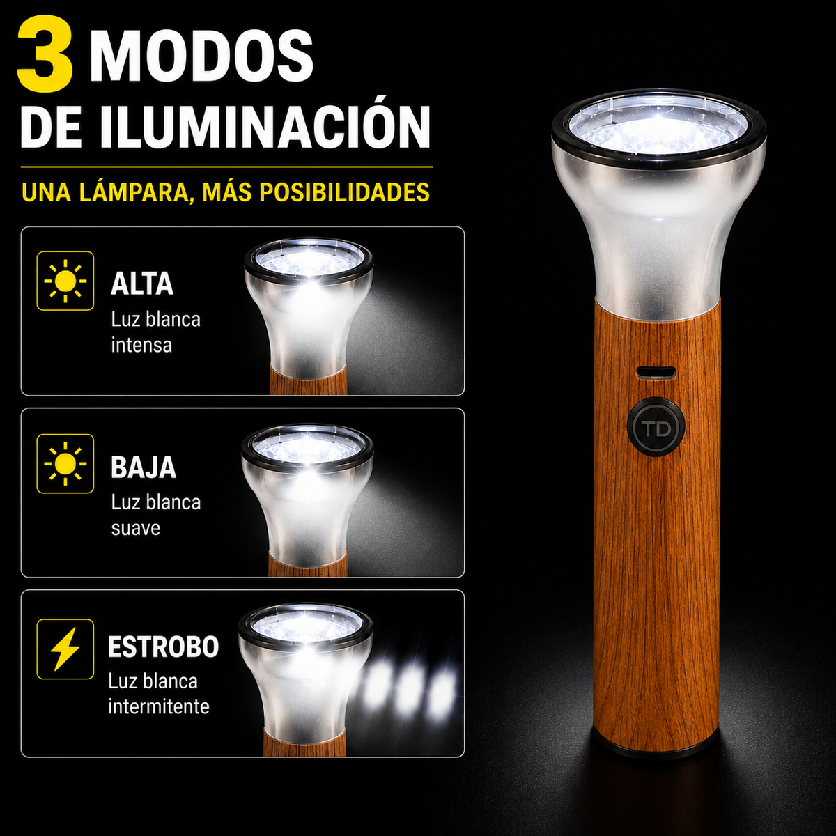 Lámpara LED recargable con acabado tipo madera y 3 modos, USB-C - foto 3