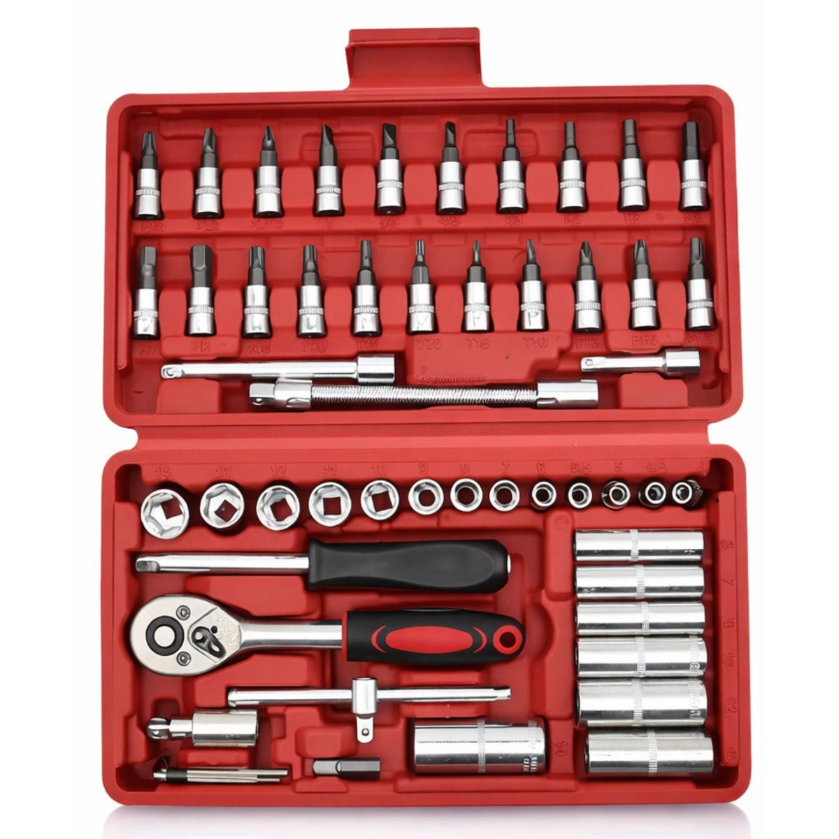 Kit de 53 piezas con dados, puntas, matraca y extensiones en estuche