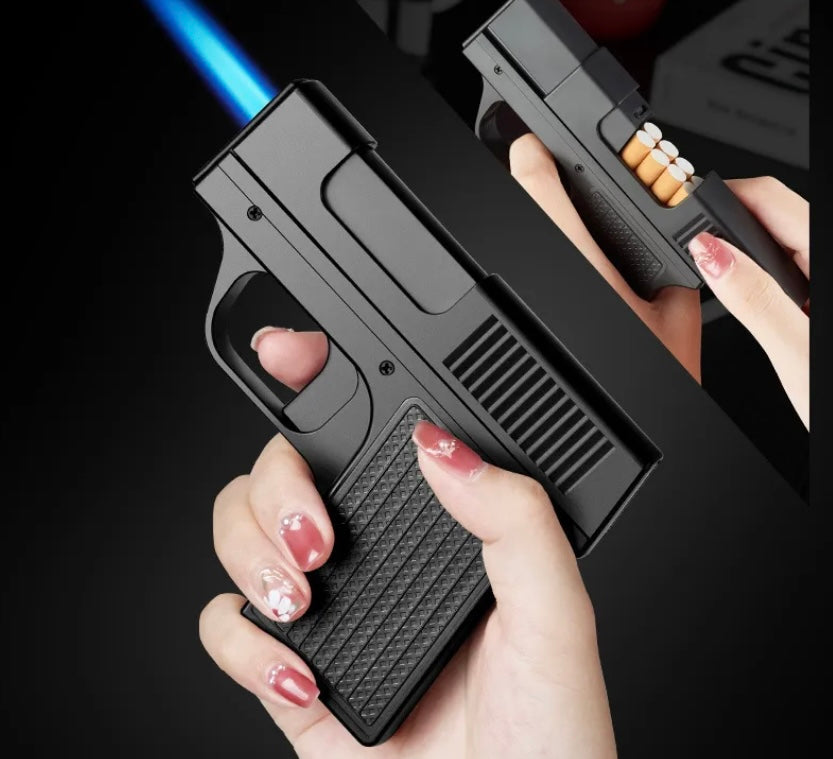Encendedor tipo pistola con porta cigarrillos, rellenable, modelo DHJ-29