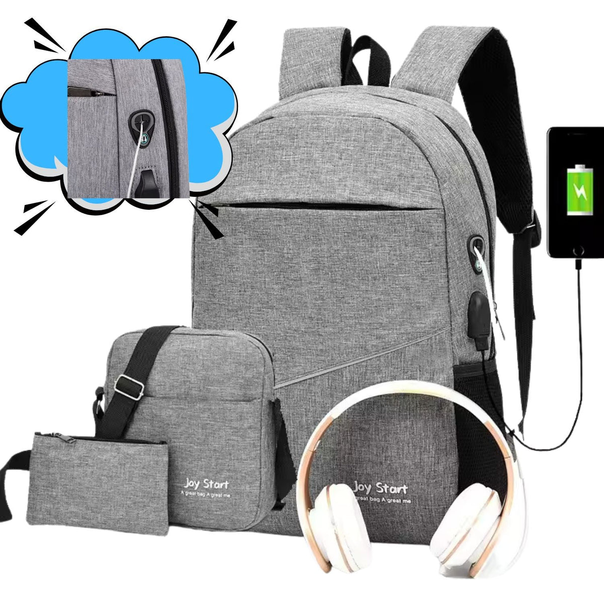 Mochila 3 en 1 con lonchera, lapicera y conexión USB para laptop DNB264 - foto 2