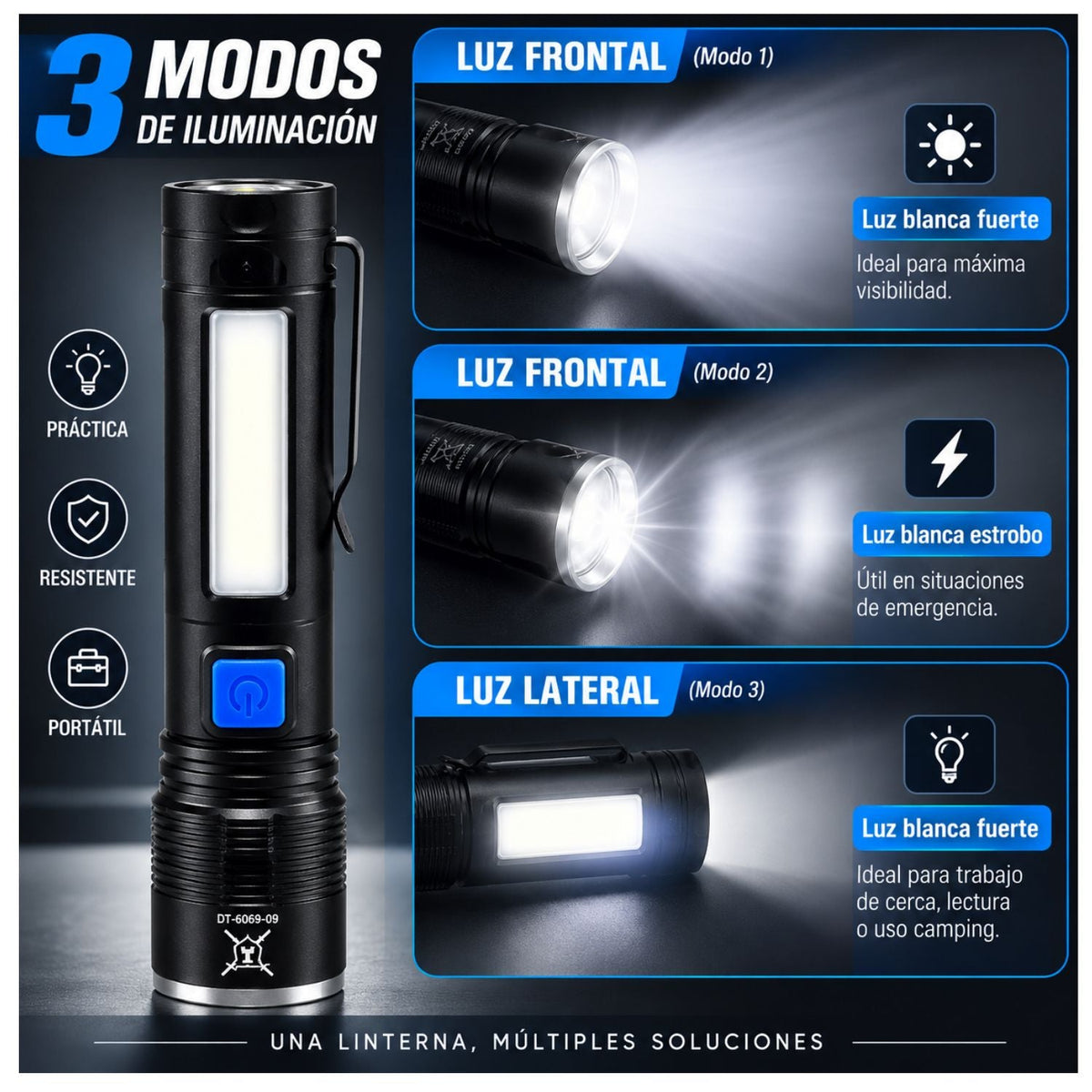 Lámpara LED recargable con luz frontal y lateral, clip y 3 modos - foto 3