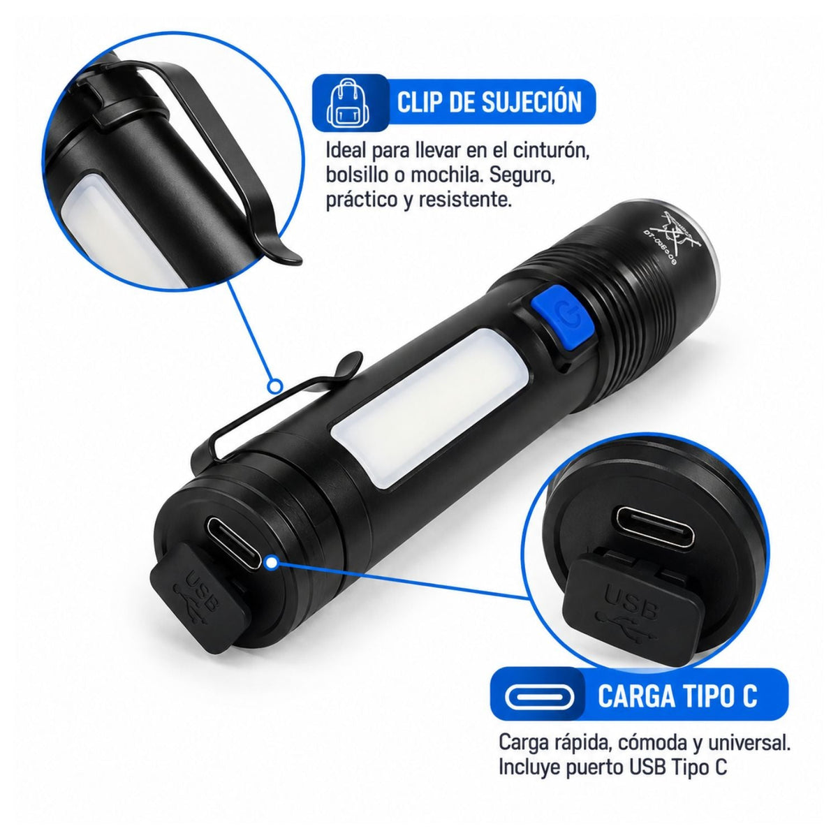 Lámpara LED recargable con luz frontal y lateral, clip y 3 modos - foto 4