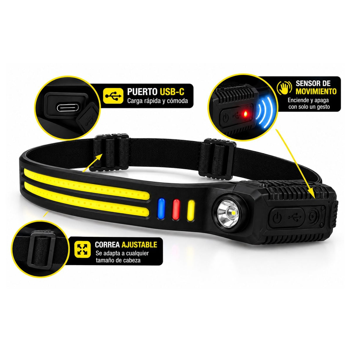 Lámpara frontal LED COB con sensor de movimiento, recarga USB-C y 9 modos - foto 4