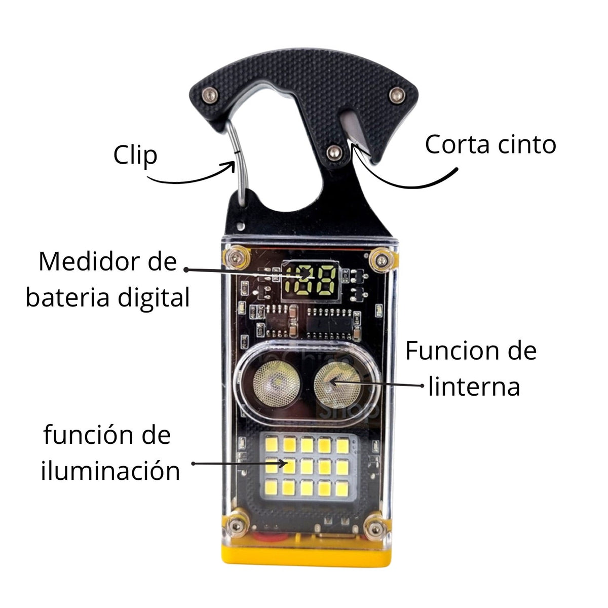 Llavero multiusos 7 en 1 con linterna, encendedor, clip y corta soga DT587 - foto 3