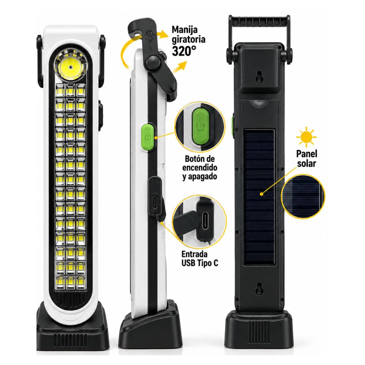 Lámpara LED solar portátil de 41 cm con manija giratoria y USB-C, 5 modos - foto 4