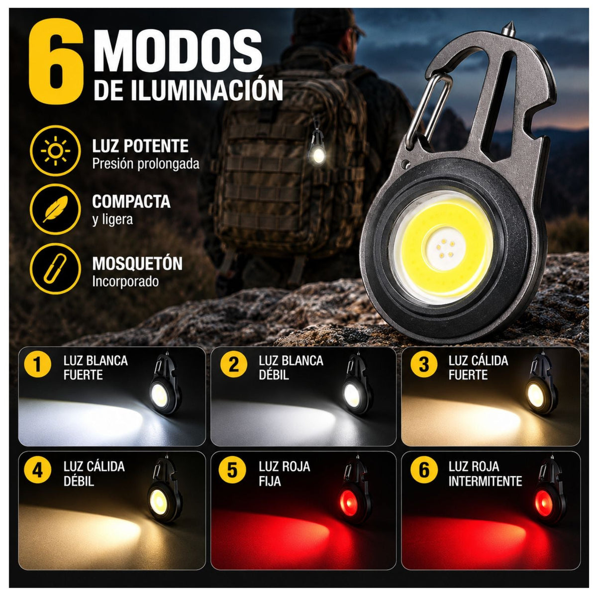 Lámpara LED con mosquetón, destornillador, destapador y rompevidrios - foto 3