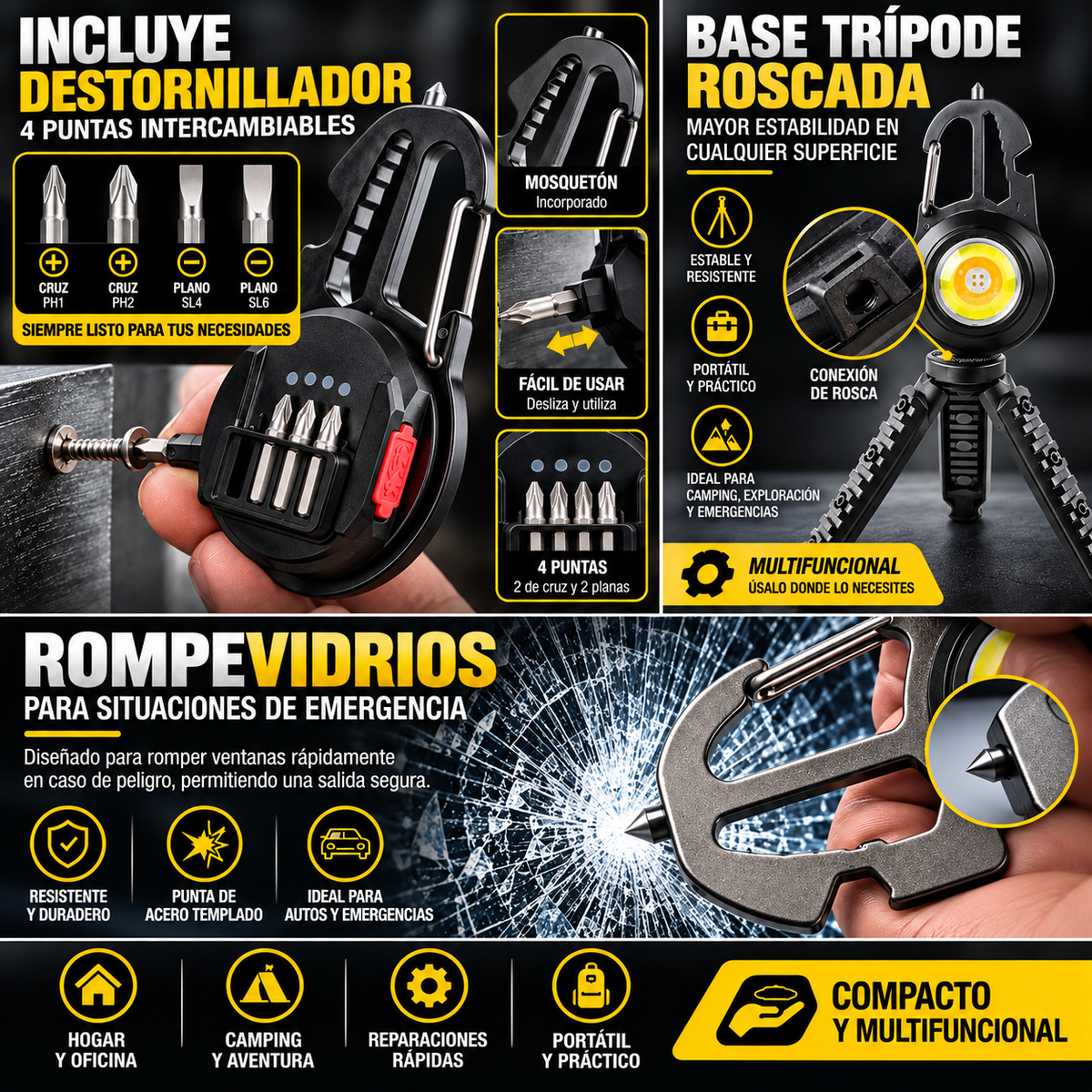 Lámpara LED con mosquetón, destornillador, destapador y rompevidrios - foto 5