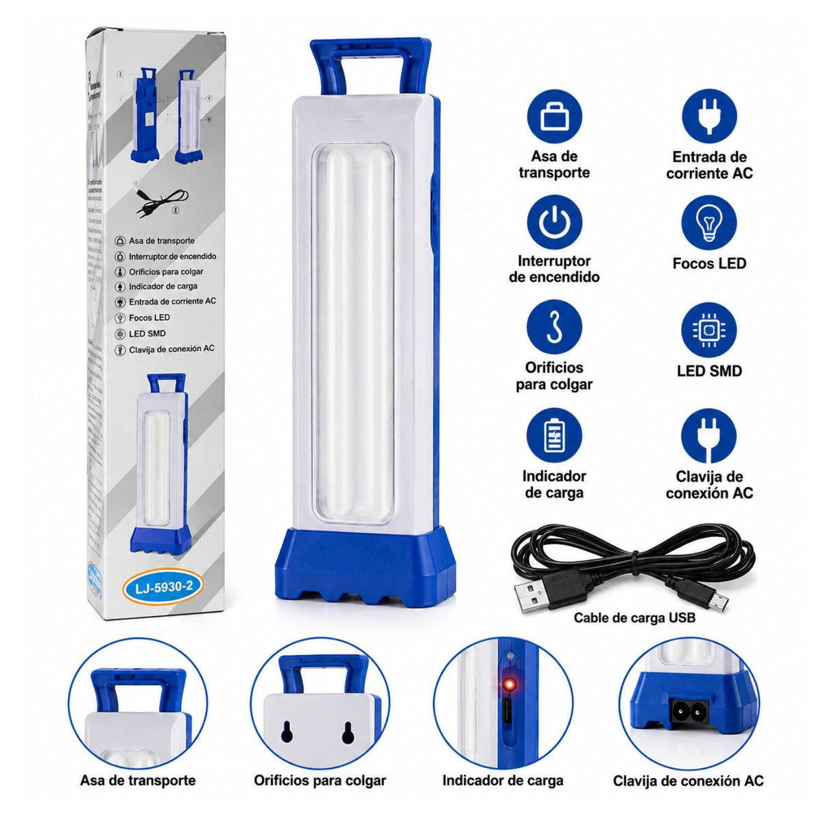 Lámpara de emergencia recargable con luz de tubo y 30 LED SMD, 3 modos - foto 2