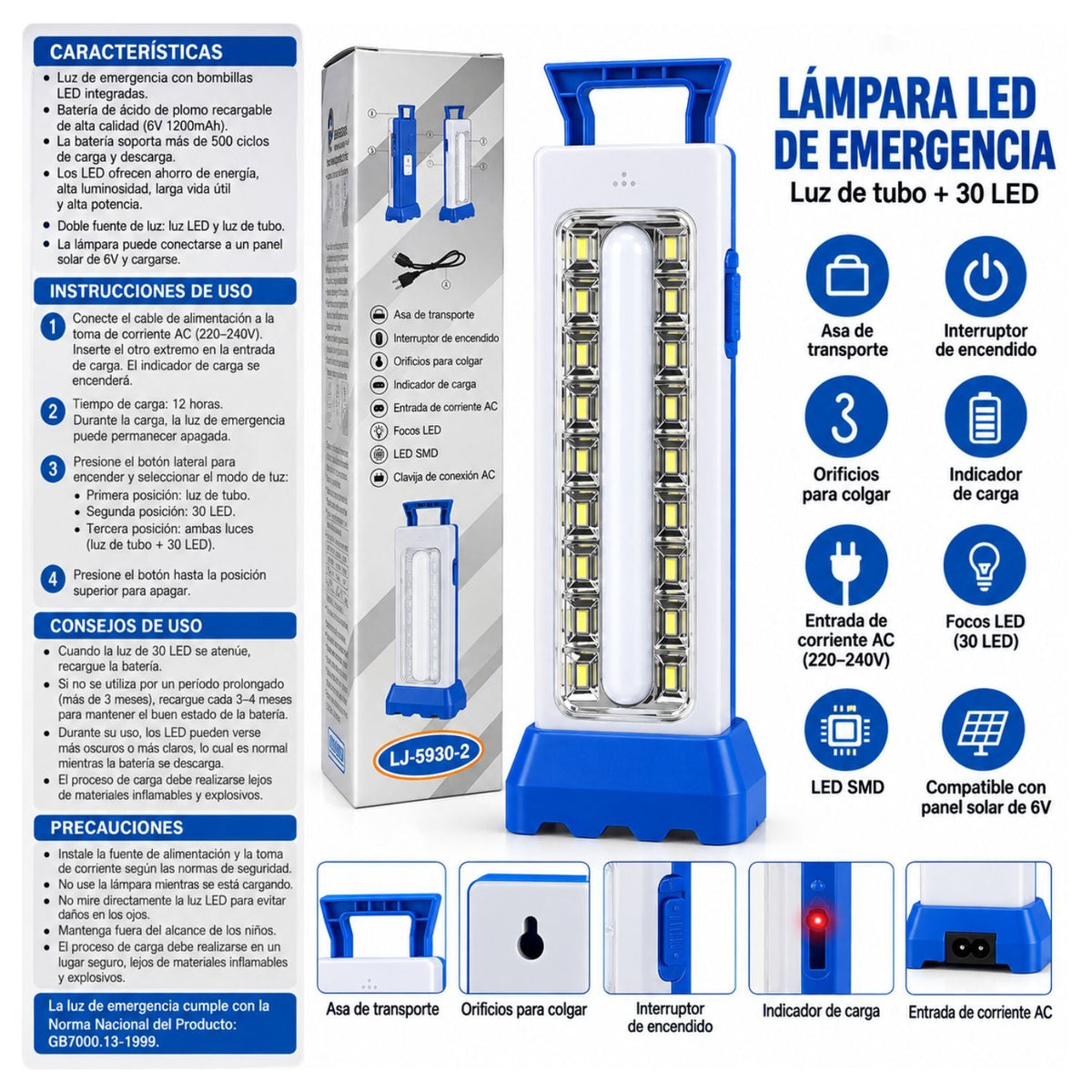 Lámpara de emergencia recargable con luz de tubo y 30 LED SMD, 3 modos - foto 4