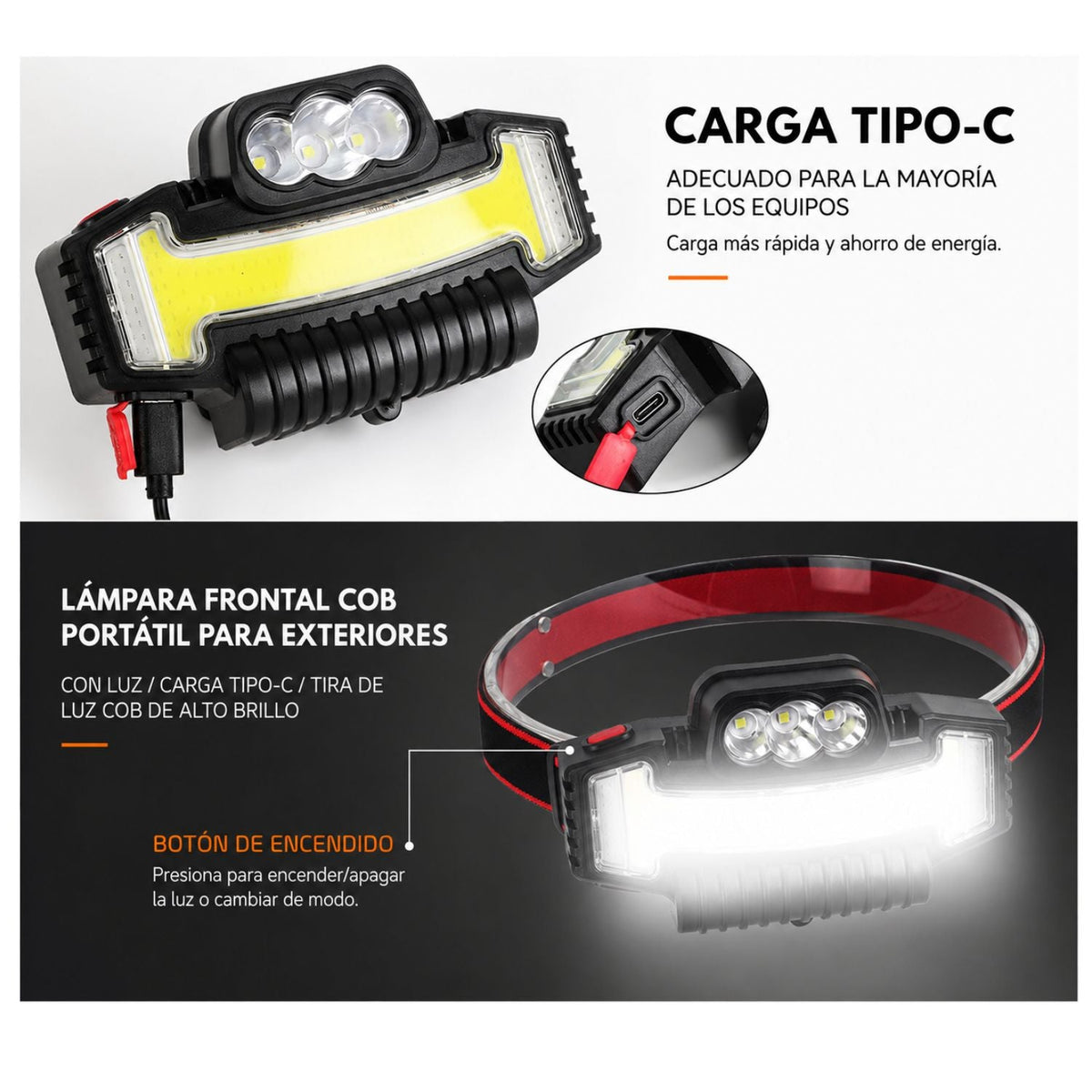 Lámpara frontal LED recargable con COB, luz roja y azul y cabezal 90° (DT495) - foto 2