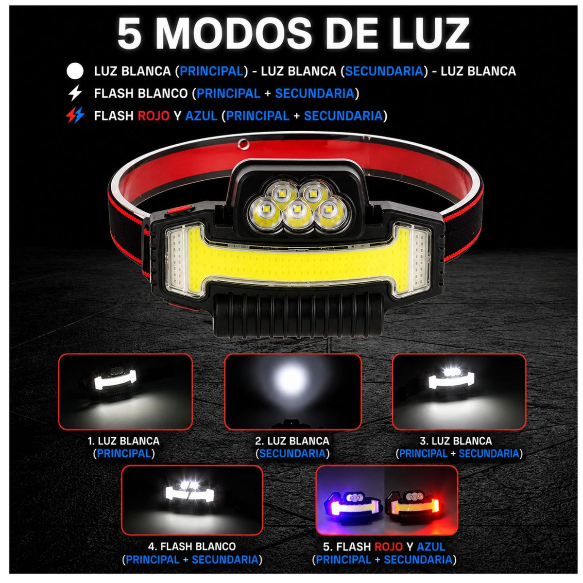 Lámpara frontal LED recargable con COB, luz roja y azul y cabezal 90° (DT495) - foto 3