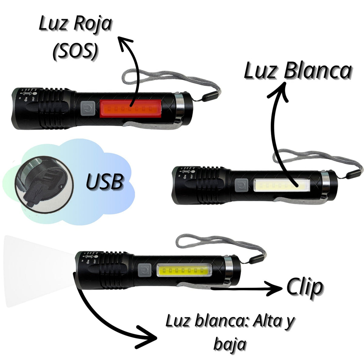 Lámpara LED T180 con luz COB lateral blanca y roja, 4 pasos - foto 3