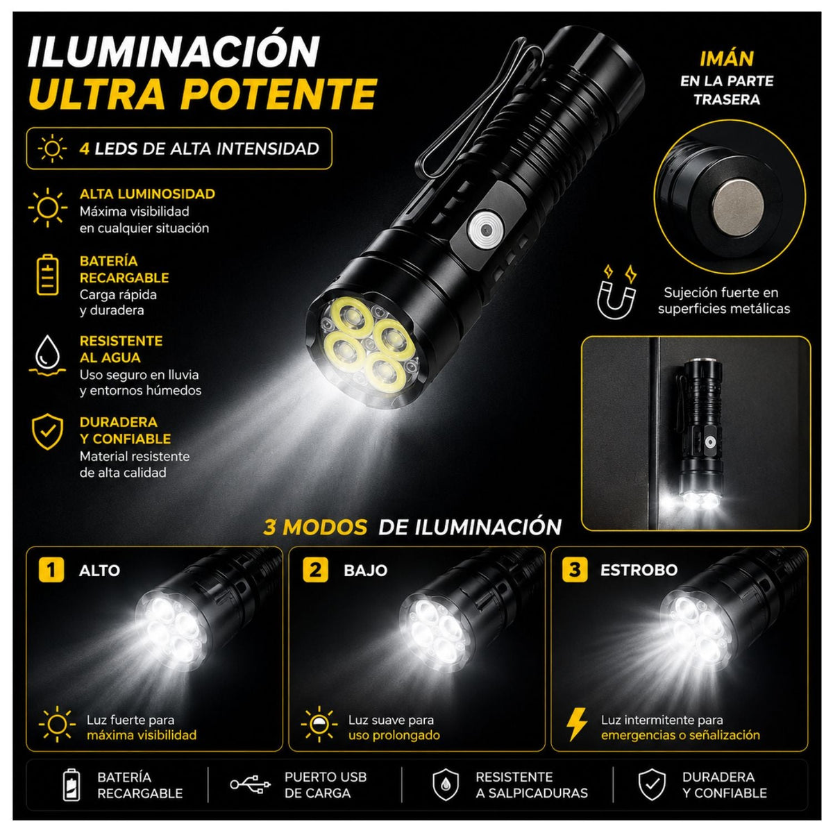 Linterna LED recargable con imán trasero, clip y 3 modos (DT632) - foto 6