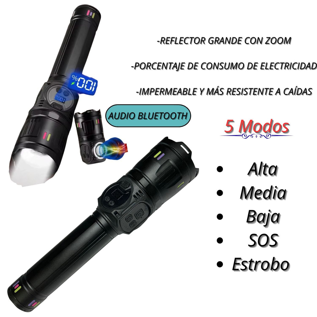 Linterna recargable con bocina Bluetooth, zoom y pantalla de batería - foto 2