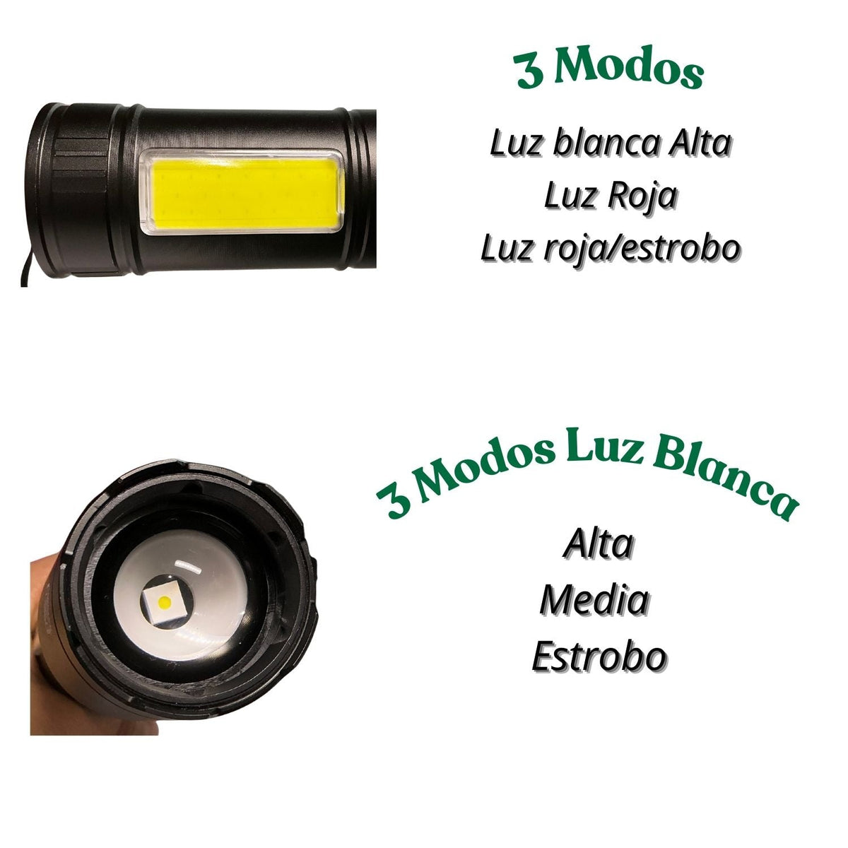 Linterna LED recargable de 6 modos con luz lateral COB y correa - foto 2