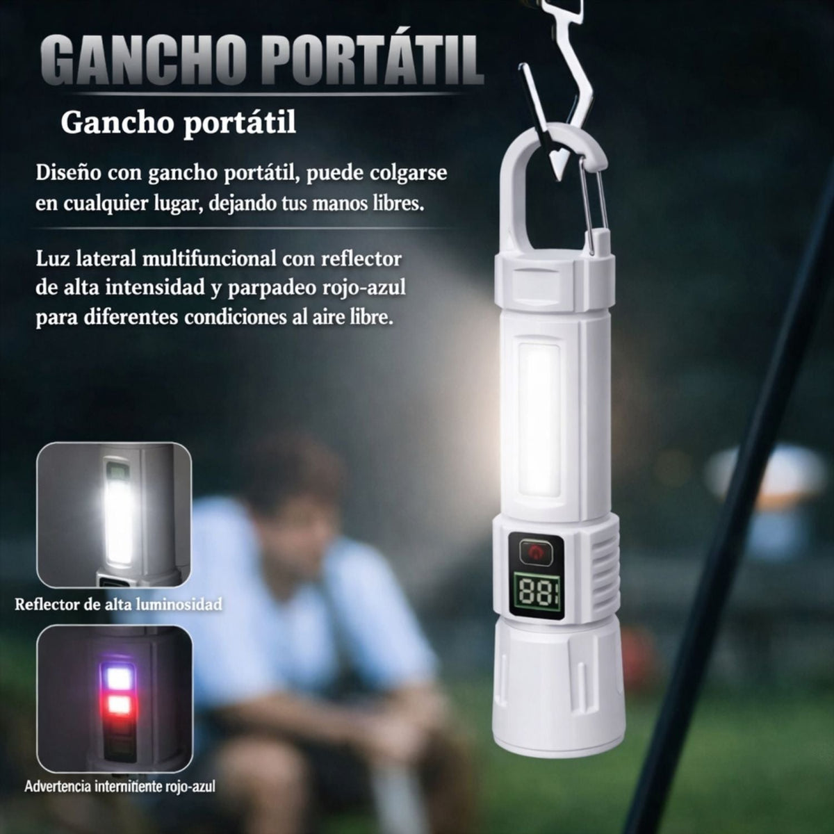 Linterna LED 2 en 1 con luz lateral, zoom, gancho y carga USB-C - foto 2