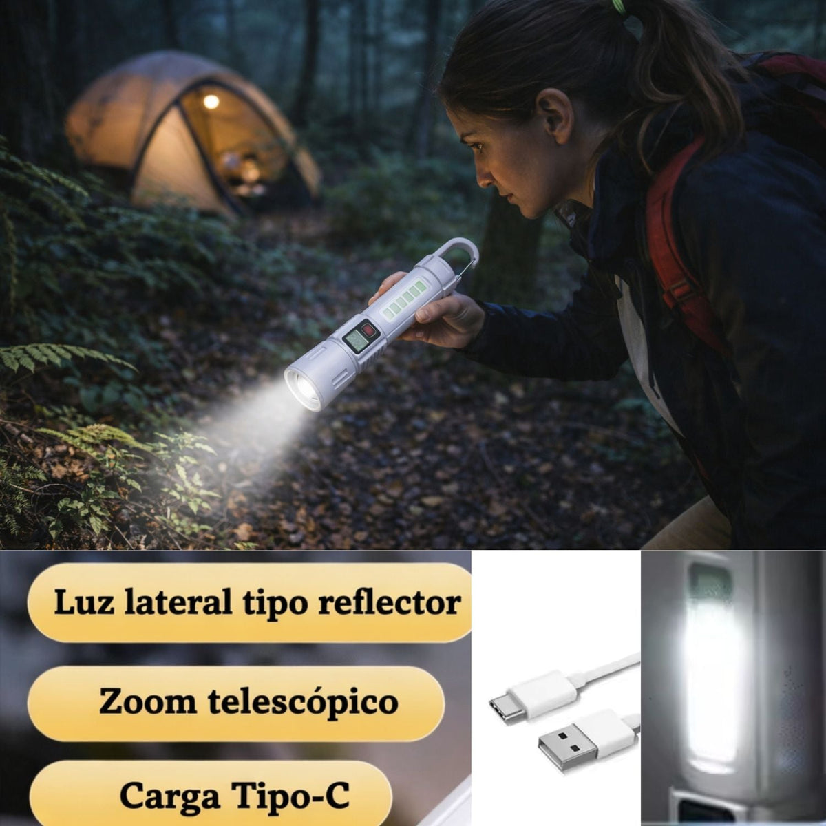 Linterna LED 2 en 1 con luz lateral, zoom, gancho y carga USB-C - foto 3
