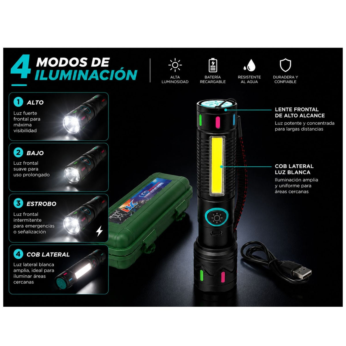 Lámpara LED recargable USB con luz COB lateral y 4 modos (DT756) - foto 5