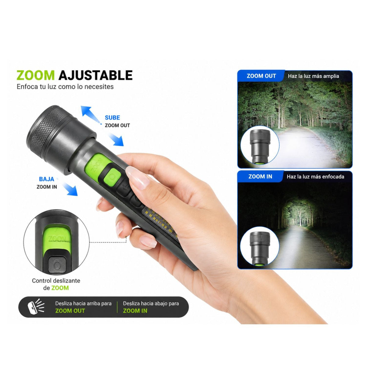 Linterna LED con zoom ajustable, COB lateral, IPX5 y USB-C (DT786) - foto 3